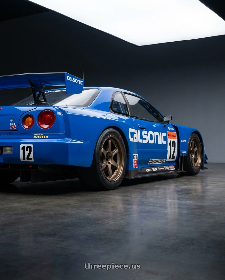 2003 Nissan Calsonic Skyline GT-R JGTC GT500 with Volk Racing 21C 5x112 18x10.5 +30 BRONZE wheels rear three quarter view square tires