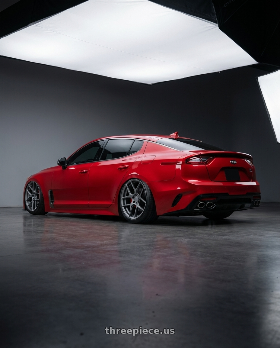 2022 Kia Stinger GT with Aodhan AFF2 5x114.3 19x9.5+35 Matte Gray wheels rear three quarter view slight stretch tires