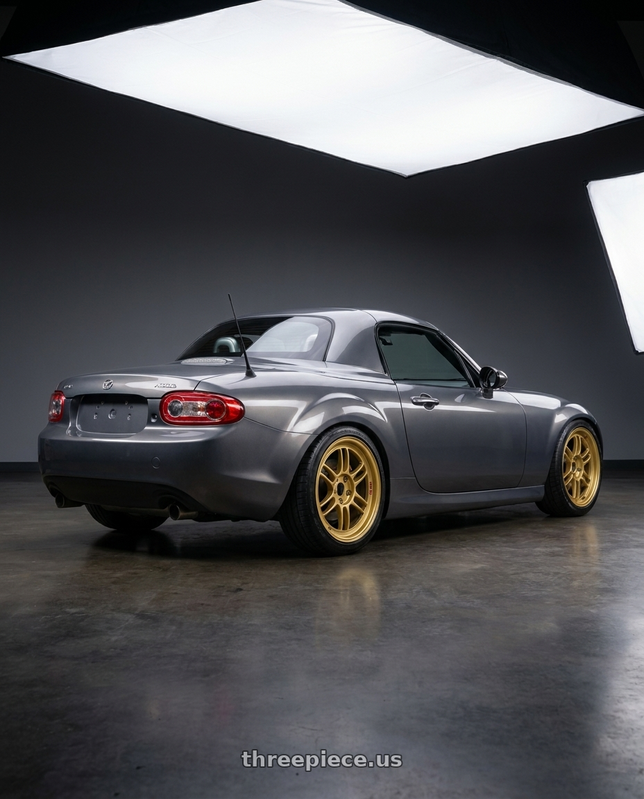 2014 Mazda Miata with Enkei RPF1 5x114.3 17x9+45 Gold wheels rear three quarter view slight stretch tires