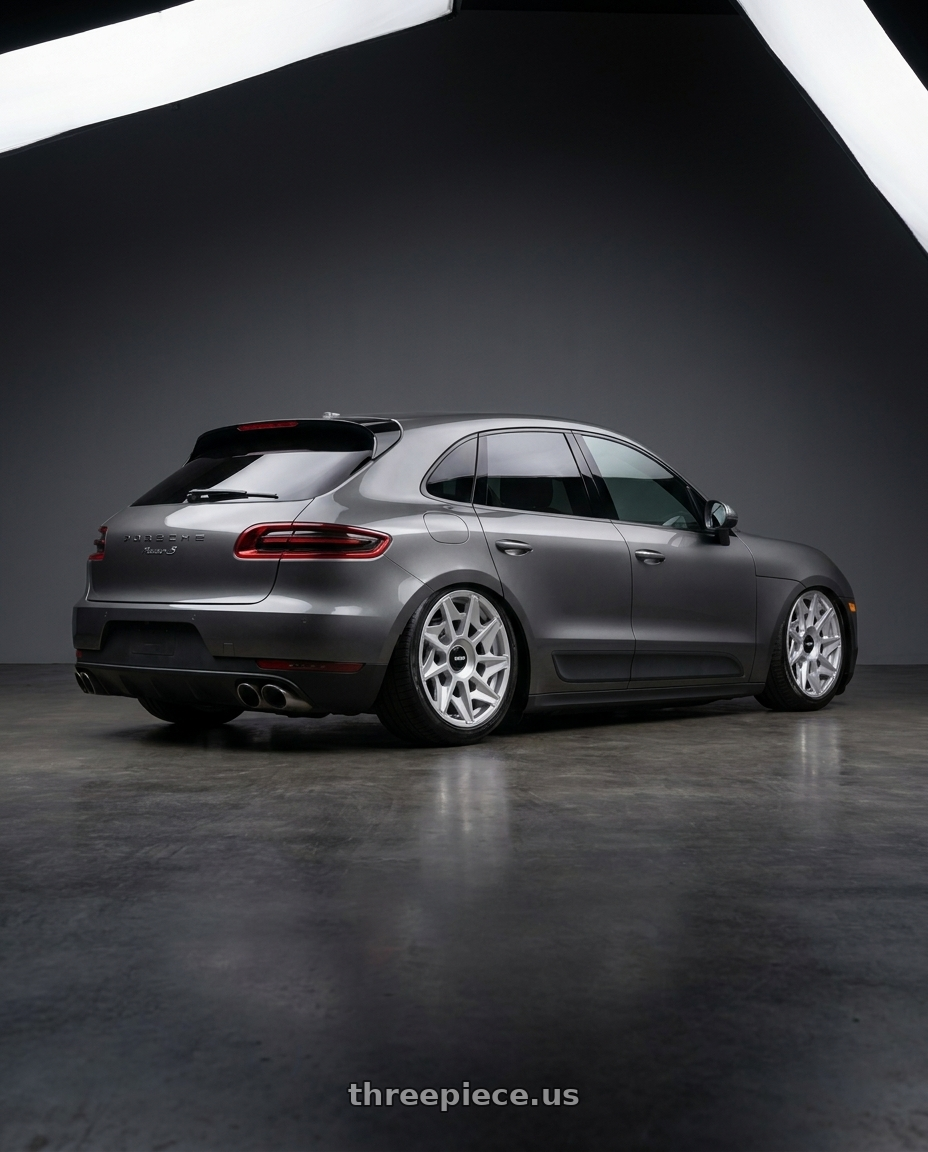 2018 Porsche Macan S with Rotiform 1PC R124 CVT 5X112 19X8.5 +45 GLOSS SILVER wheels rear three quarter view slight stretch tires