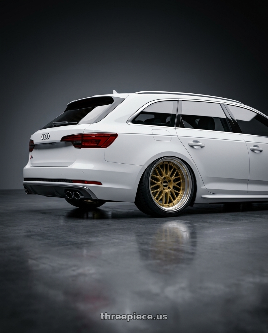 2017 audi s4 avant white with BBS LM 5x114.3 18x9.0+42 Gold wheels rear three quarter view extreme stretch tires