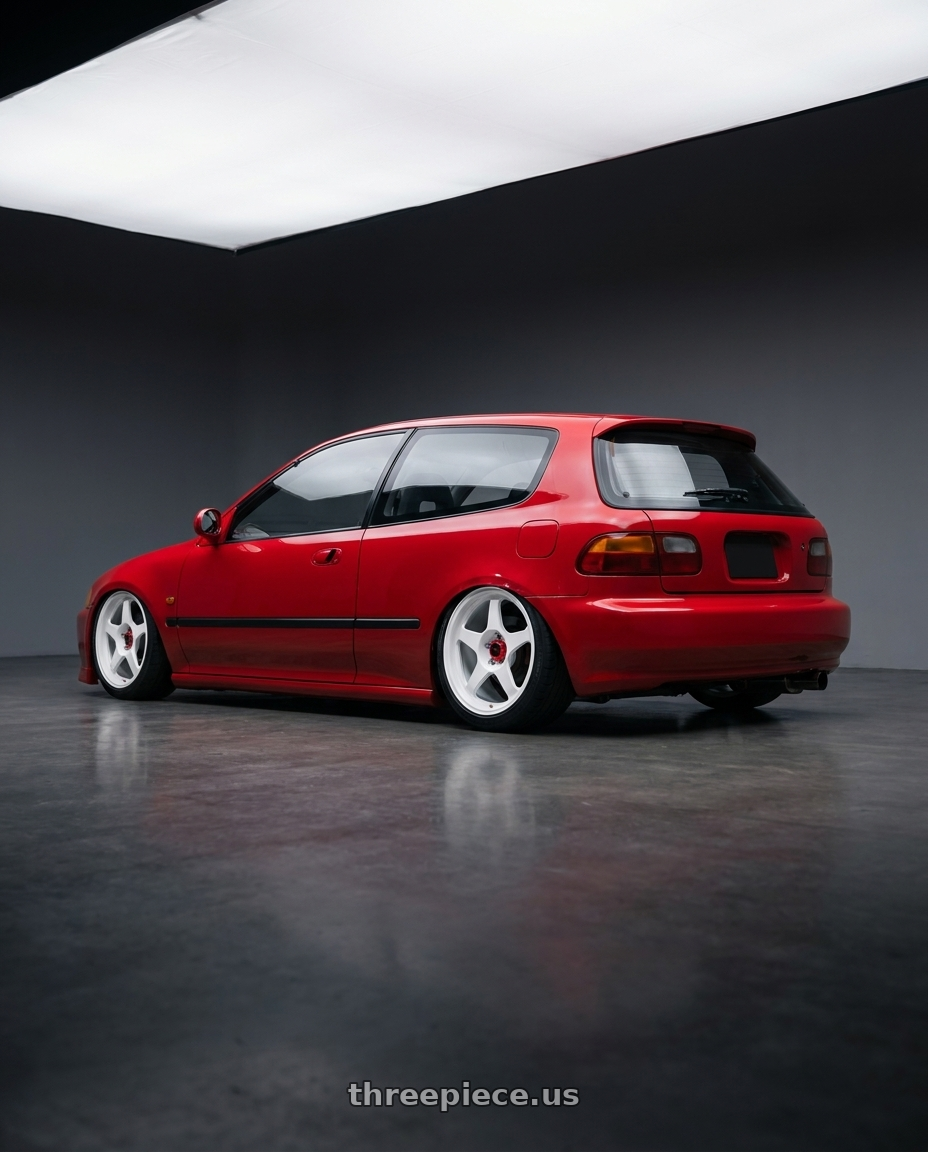 1993 Honda civic eg6 with R6061 Forged R1 5x100 18X8.5 +35 Championship White wheels rear three quarter view slight stretch tires