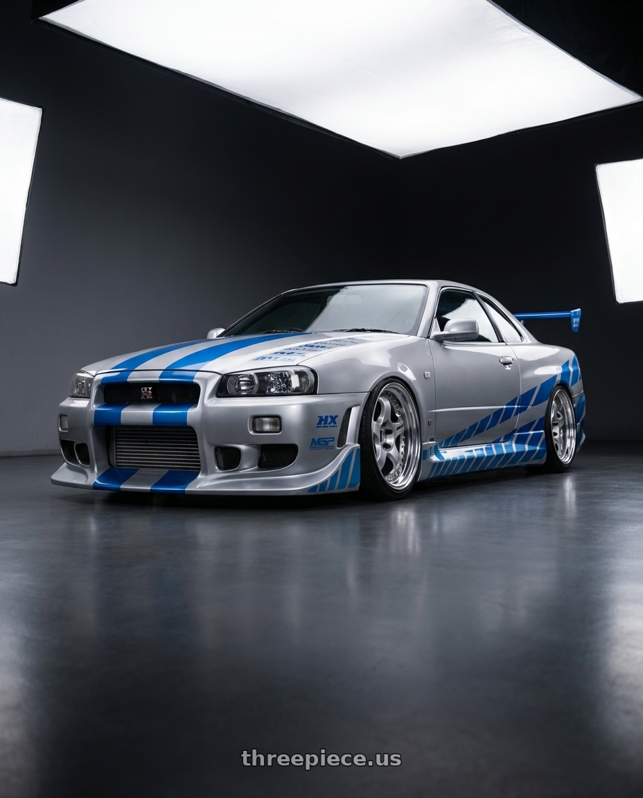 1998 Nissan Skyline GT-R R34 with Work Meister S1 3P 5x114.3 19x10+10 O Disk Silver wheels