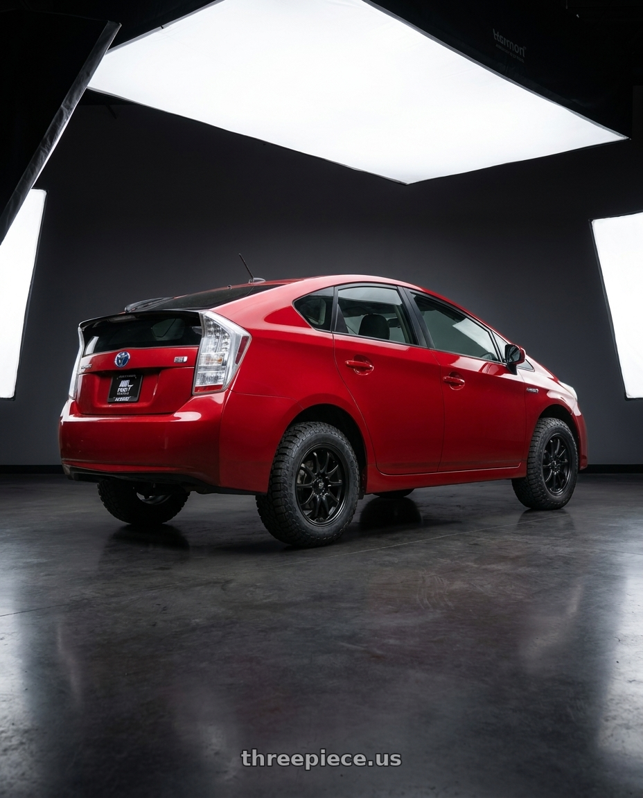 2010 Toyota Prius with MST Wheels MT04 5x100/5x114.3 15x7.0 +35 Matte Black wheels rear three quarter view meaty tires