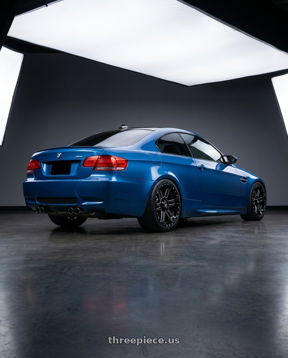 2008 E92 M3 with Enkei Commander 6x135 18x8.5+25 Black Machined wheels rear three quarter view square tires
