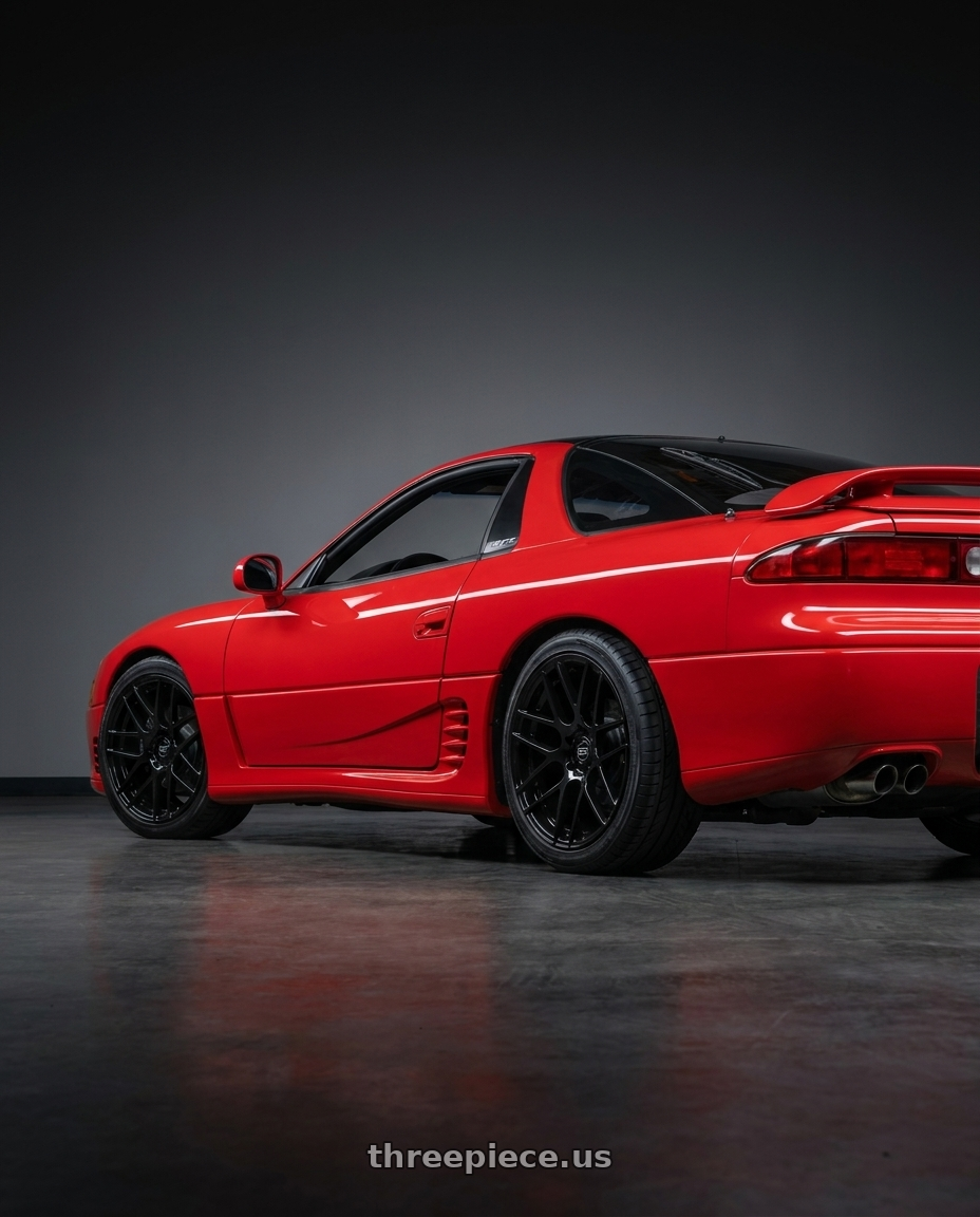 1993 Mitsubishi 3000gt vr4 with MRR GF7 5x114.3 19x8.5  +35 Black wheels rear three quarter view square tires
