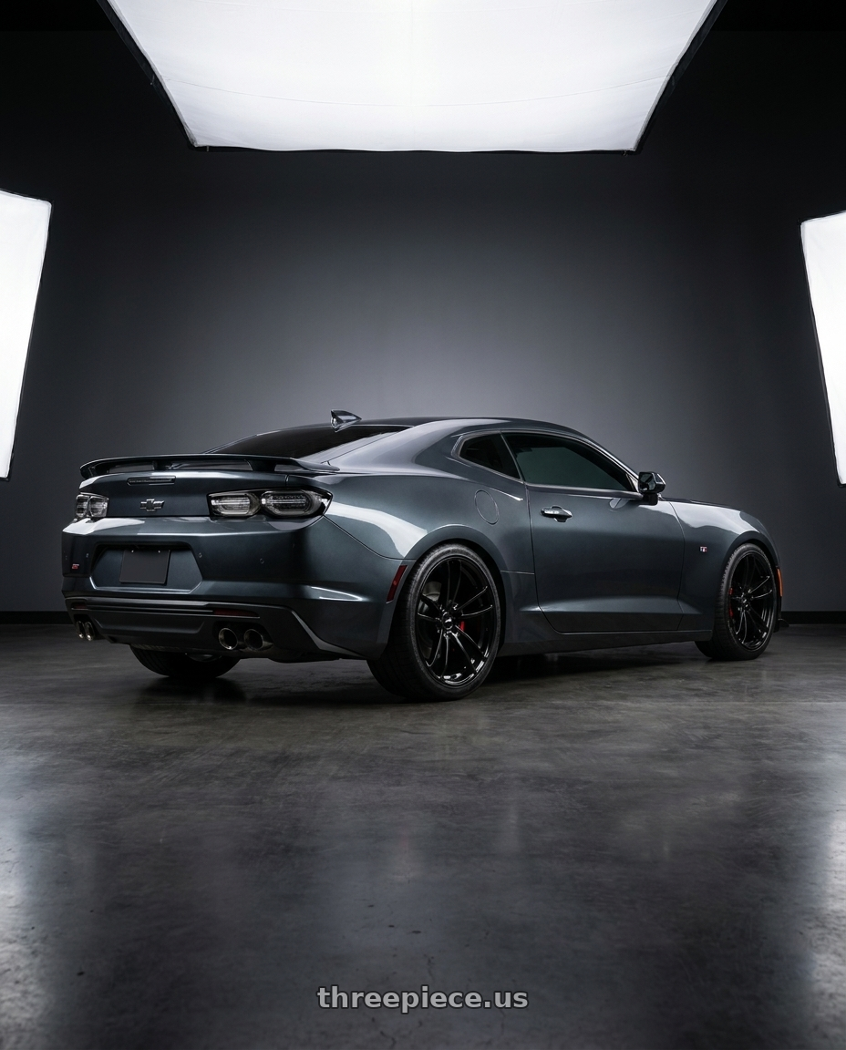 2021 Chevrolet Camaro SS with American Racing AR941 MACH FIVE 5X120 20X10 +22 GLOSS BLACK wheels rear three quarter view staggered tires