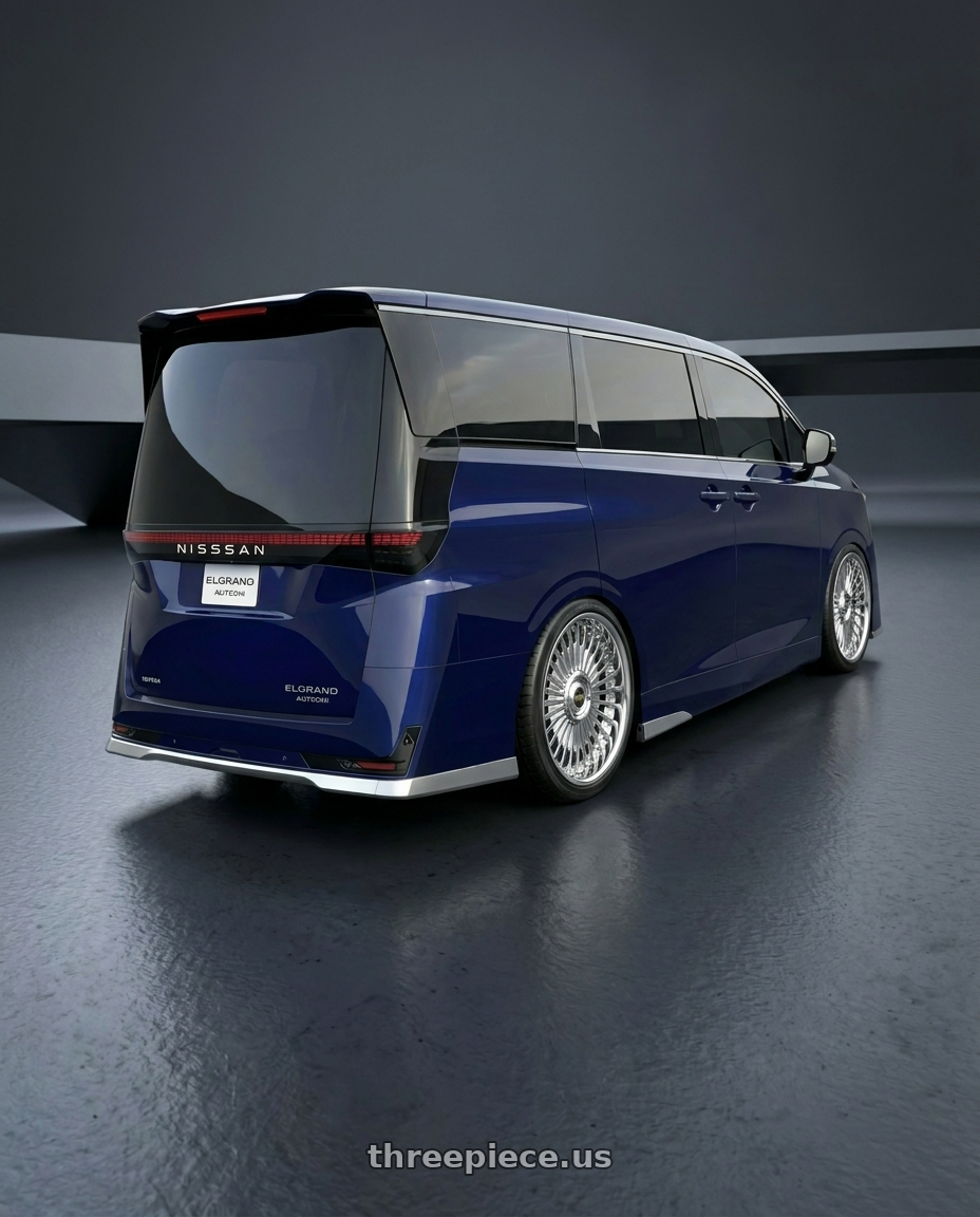 2026 nissan elgrand with Work Emitz Chrome 5x100 19x10.0 +38 wheels rear three quarter view slight stretch tires
