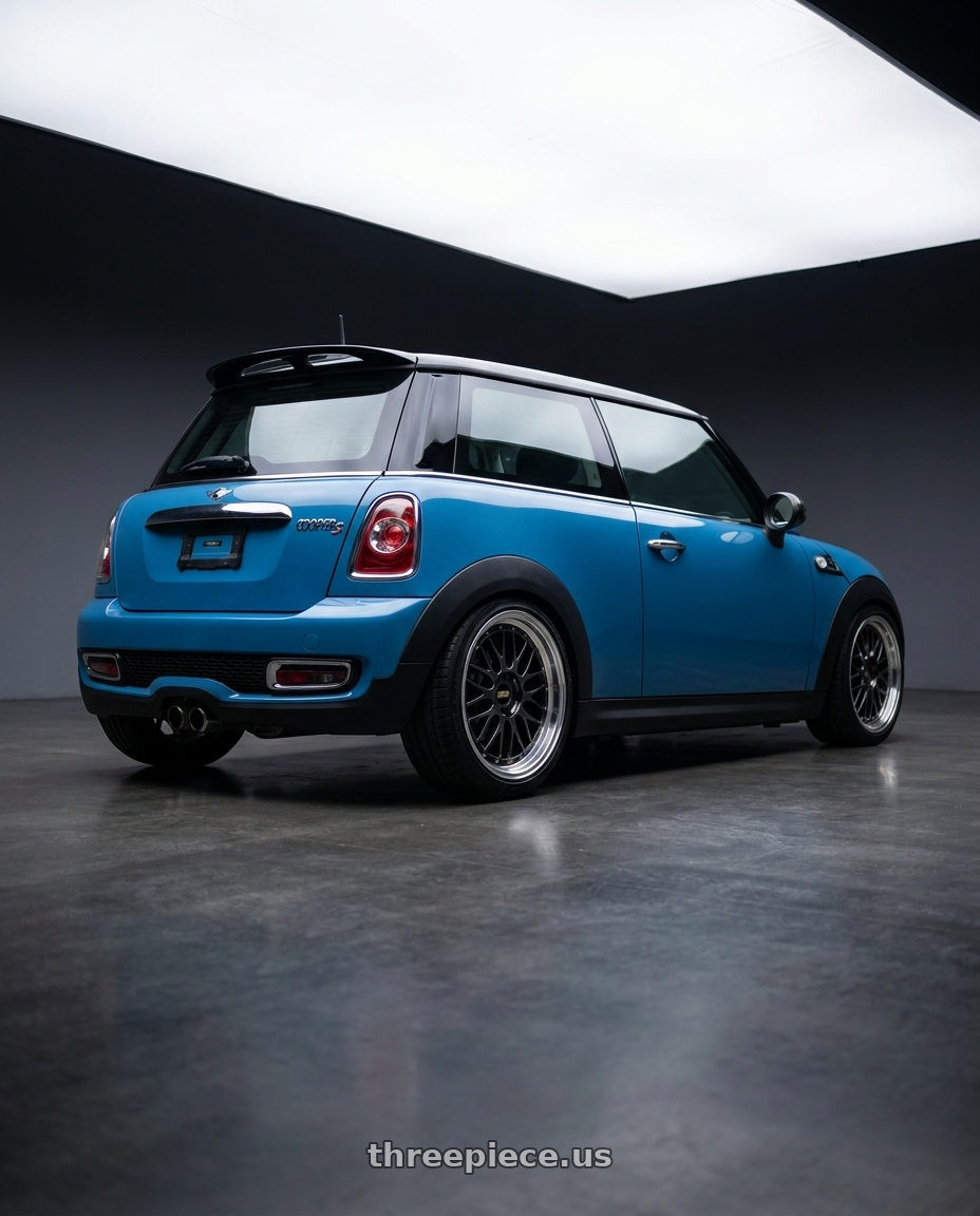 2010 mini cooper S with BBS LM 5x114.3 17x7.5+38 Diamond Black wheels rear three quarter view square tires