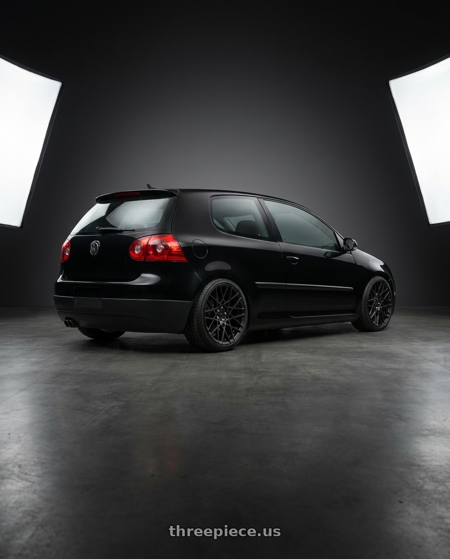 2009 Volkswagen rabbit with Rotiform 1PC R112 BLQ 5X112 18X8.5 +35 MATTE BLACK wheels rear three quarter view square tires