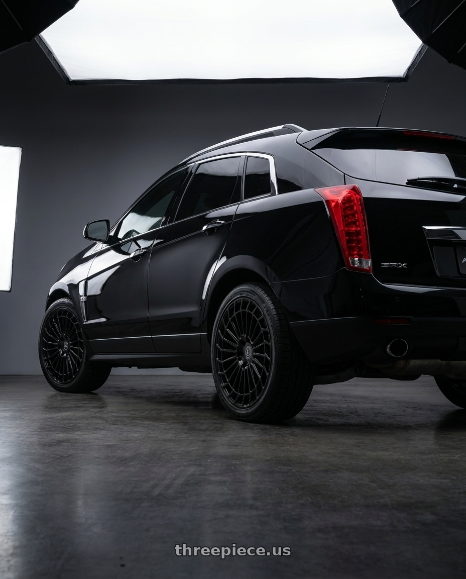 2012 cadillac srx with AXE WHEELS EX45 6x120 20x8 +45 Gloss Black wheels rear three quarter view square tires