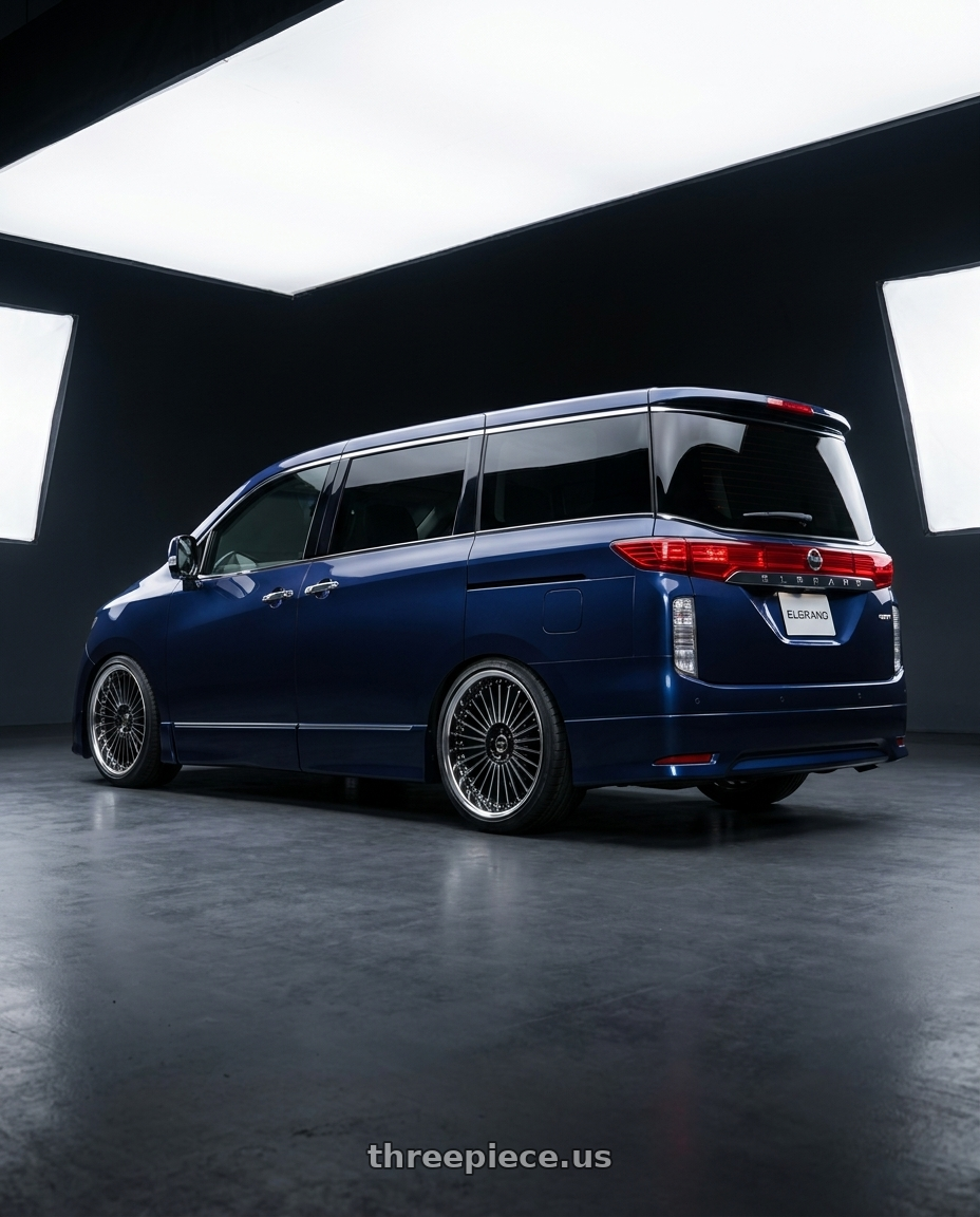 2026 nissan elgrand with Work Emitz Black Polish 5x100 19x10.0 +38 wheels rear three quarter view slight stretch tires
