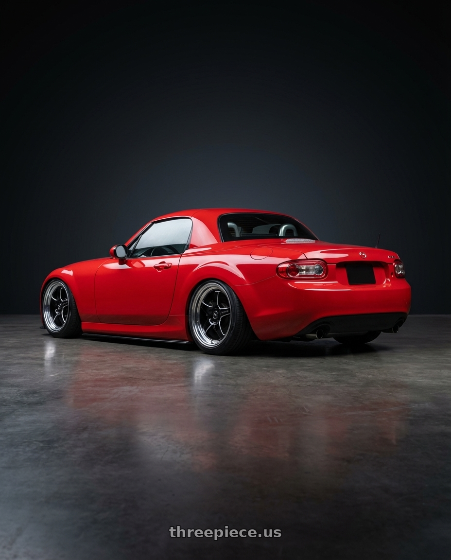 2012 Mazda MX-5 Miata NC with Forgestar D5 Drag 5x114.3 17x7 +6 Gloss Black Machined wheels rear three quarter view slight stretch tires