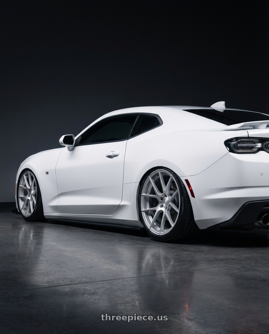 2022 Chevrolet Camaro with Avant Garde Wheels M510 5X120 20x10 +20 Satin Silver wheels rear three quarter view slight stretch tires