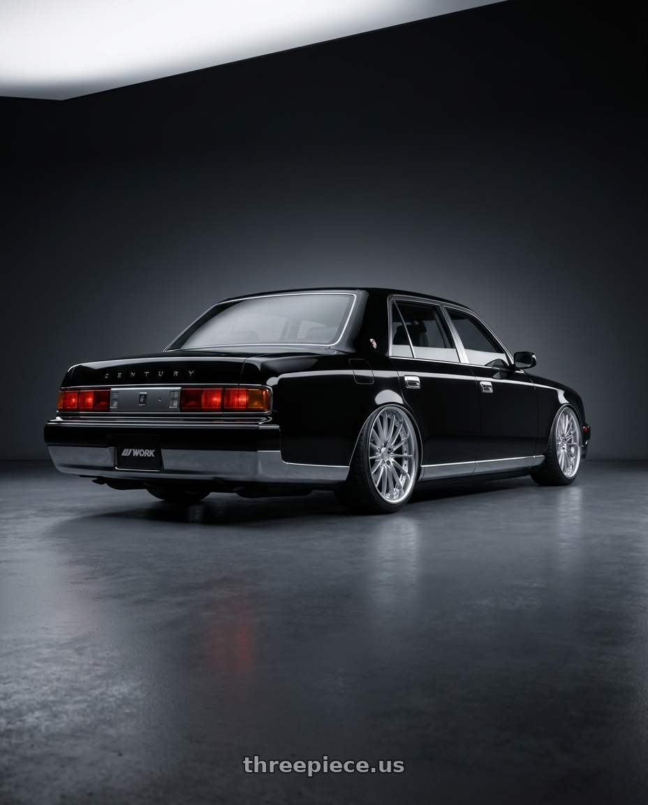 1997 Toyota Century with Work Schwert Regnitz 5x114.3 19x9.5+30 A Disk Silky Rich Silver wheels rear three quarter view square tires