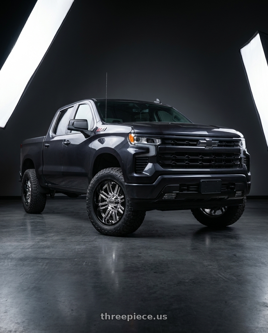 2023 Chevrolet Silverado 1500 with Moto Metal MO202 6X139.7 20X12 -44 CHROME CENTER GLOSS BLACK MILLED LIP wheels