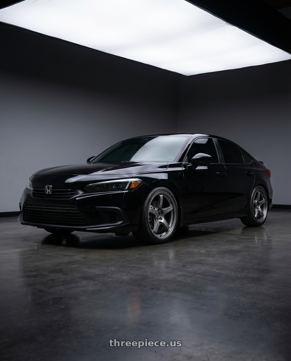 2024 Honda Civic with Gram Lights 57CR 5x114.3 18x9.5+38 Glossy Grey wheels front three quarter view lowered stance