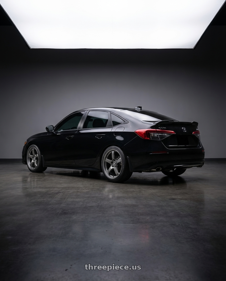 2024 Honda Civic with Gram Lights 57CR 5x114.3 18x9.5+38 Glossy Grey wheels rear three quarter view square tires