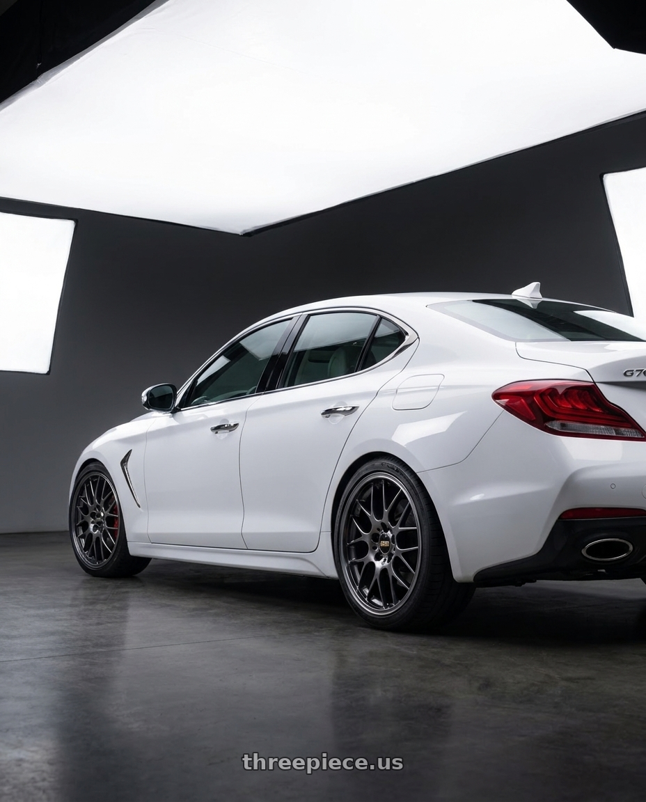 2019 Genesis G70 with BBS RG-R 5x114.3 19x9 +38 Diamond Black / Diamond Cut wheels rear three quarter view square tires