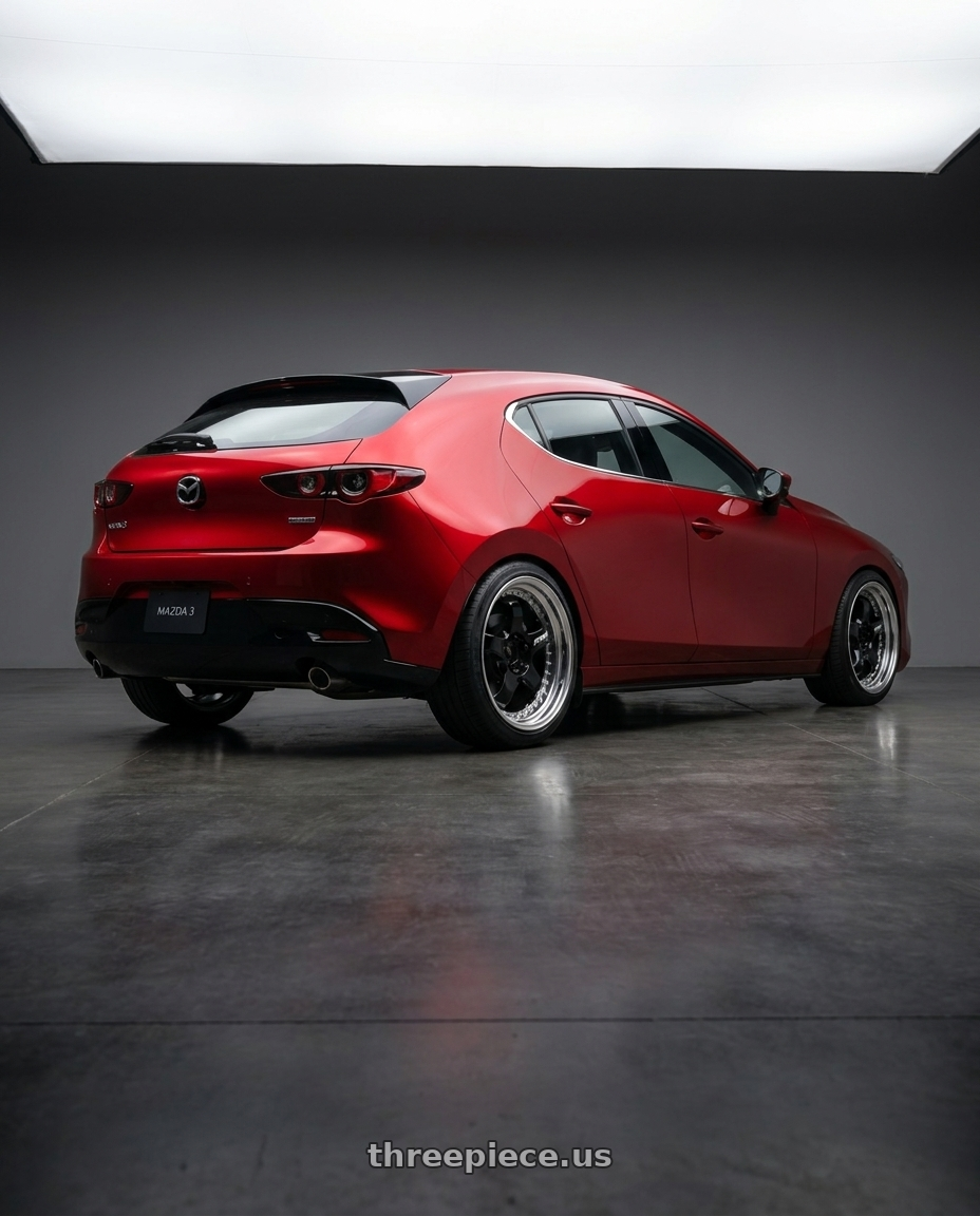 2024 Mazda 3 with Work Meister S1 3P 5x100 18x7+35 A Disk Black wheels rear three quarter view slight stretch tires