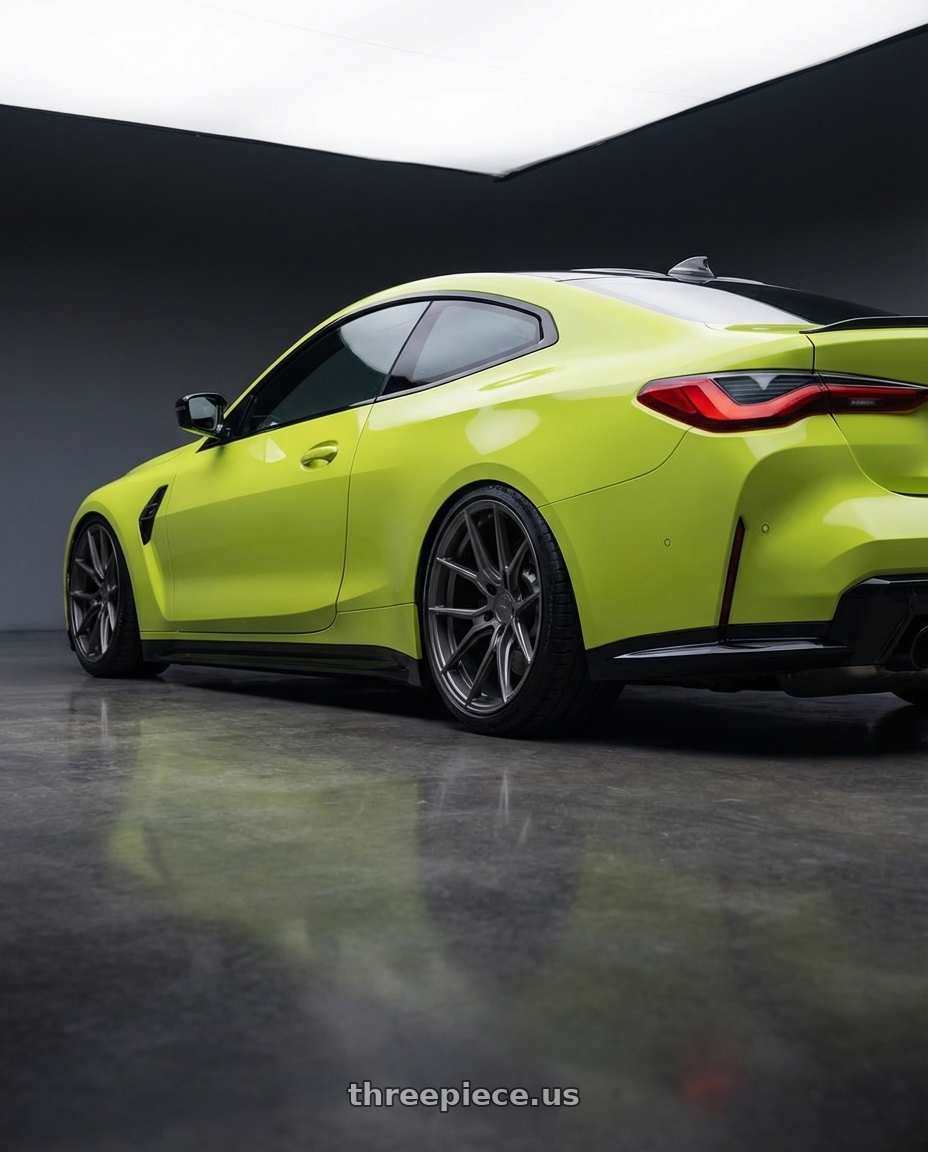 2024 BMW M4 G82 with Niche 1PC M116 MISANO 5X112 19X8.5 +25 MATTE GUN METAL wheels rear three quarter view slight stretch tires