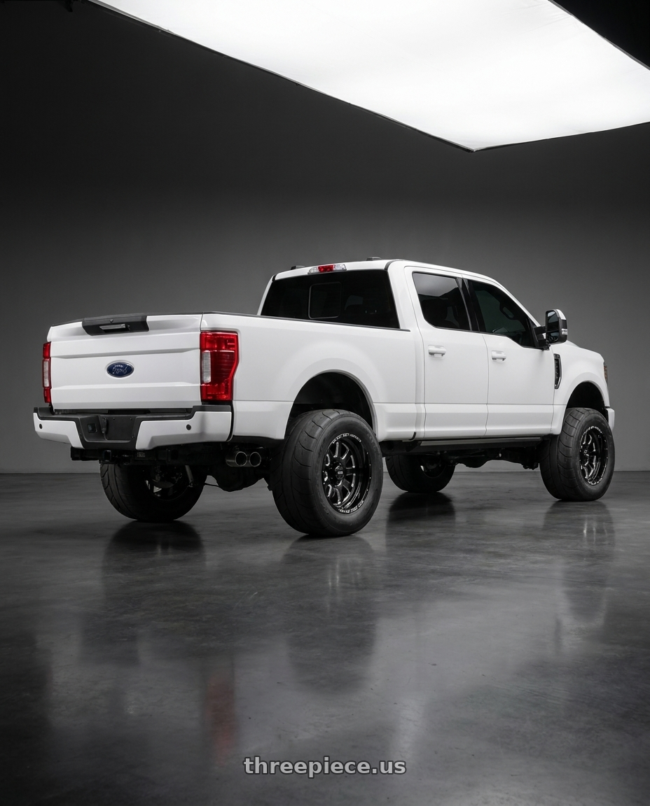 2024 ford f250 with WELD Off-Road Stealth 8x170 20x9 0 Gloss Black/Milled wheels rear three quarter view excessive tires