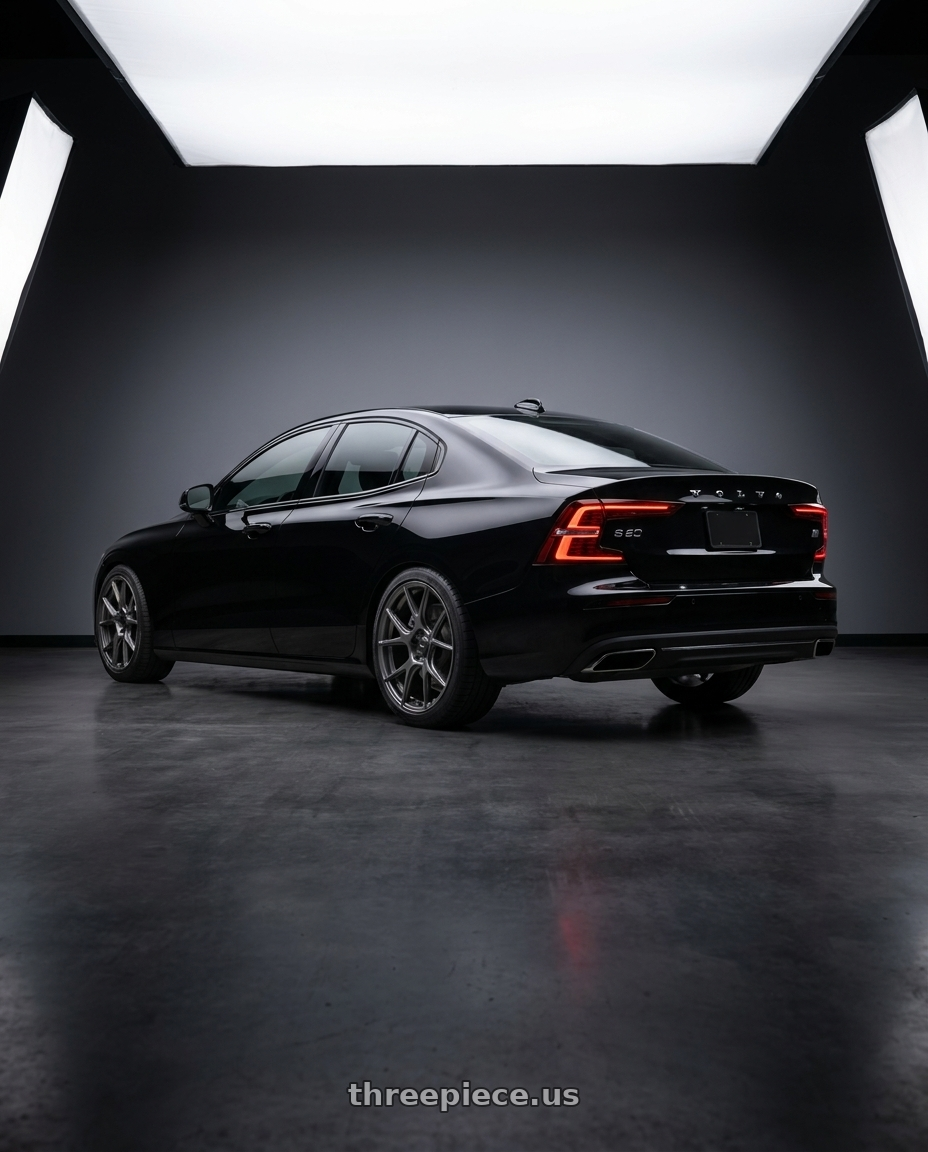 2022 Volvo s60 with Konig Ampliform 5x108 18x8.5+43 Dark Metallic Graphite wheels rear three quarter view square tires