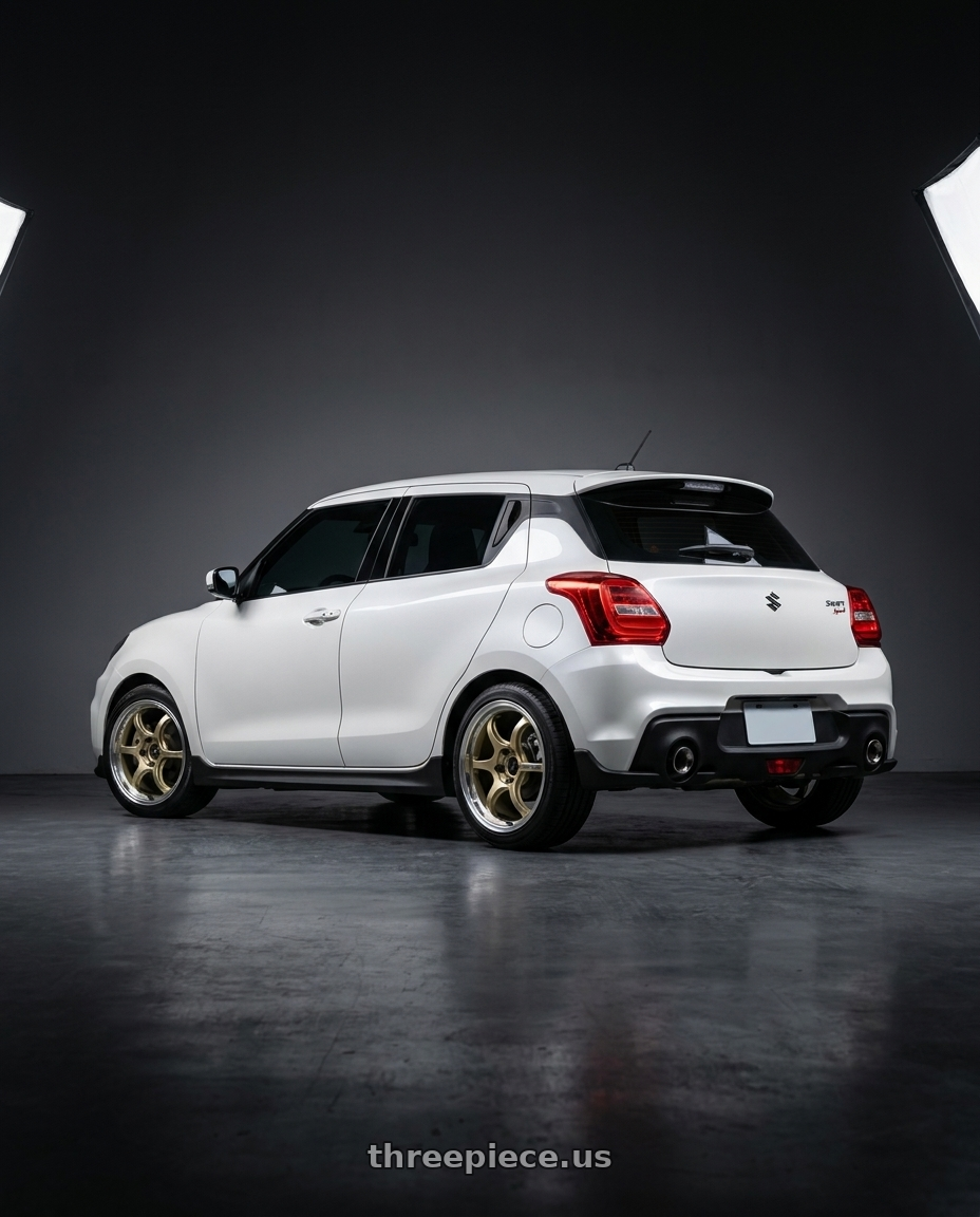 2019 Suzuki Swift sport 白色 with Advan Racing RG-D2 5x114.3 17x7.5 +48 MACHINING & CHAMPAGNE GOLD wheels rear three quarter view square tires
