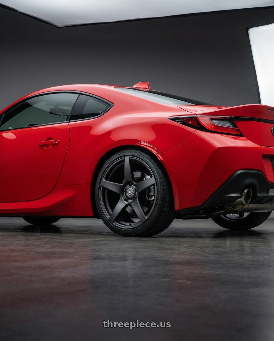 2024 Toyota GR86 with Forgestar CF5 5x114.3 18x9 +35 Satin Black wheels rear three quarter view square tires