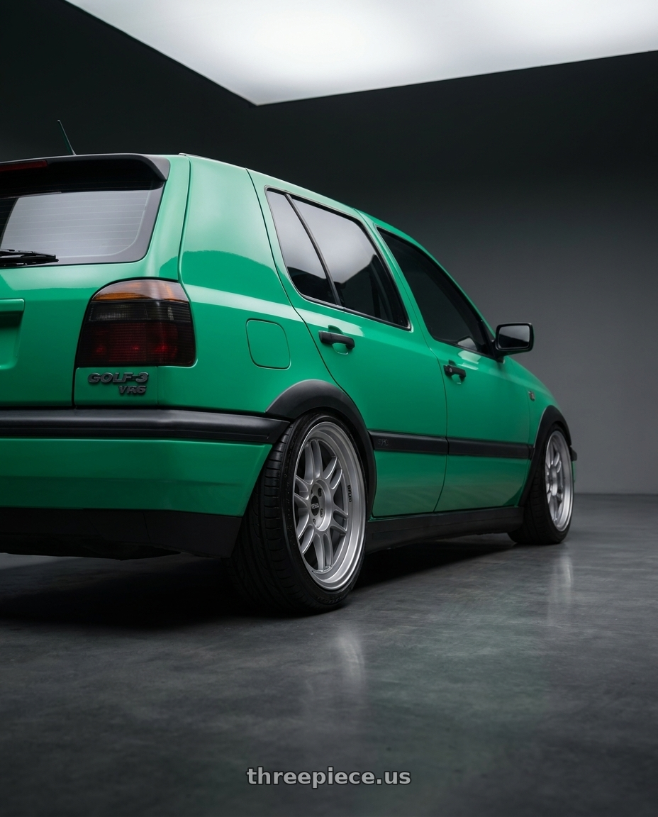 Volkswagen golf 3 vr6 1993 with Enkei RPF1 5x100 16x7+35 Silver wheels rear three quarter view slight stretch tires