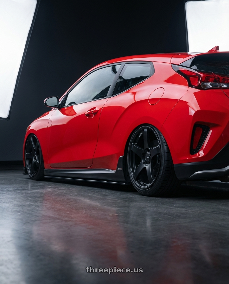 2022 Hyundai Veloster N with Ssr Gtv01 5x114.3 19x8.5+38  FLAT BLACK wheels rear three quarter view slight stretch tires