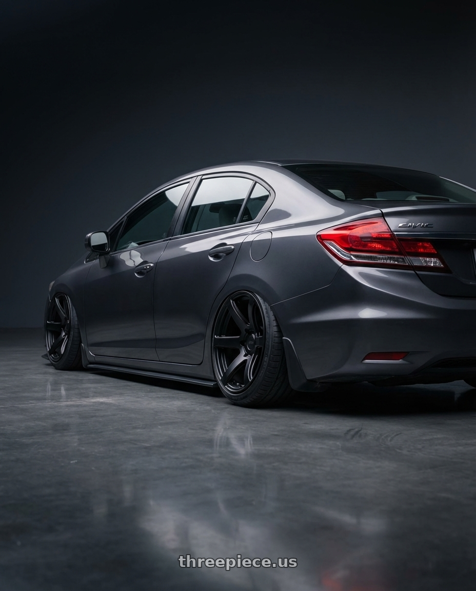 2013 Honda civic with Enkei Cyclone 6x135 18x9+12 Matte Black wheels rear three quarter view extreme stretch tires