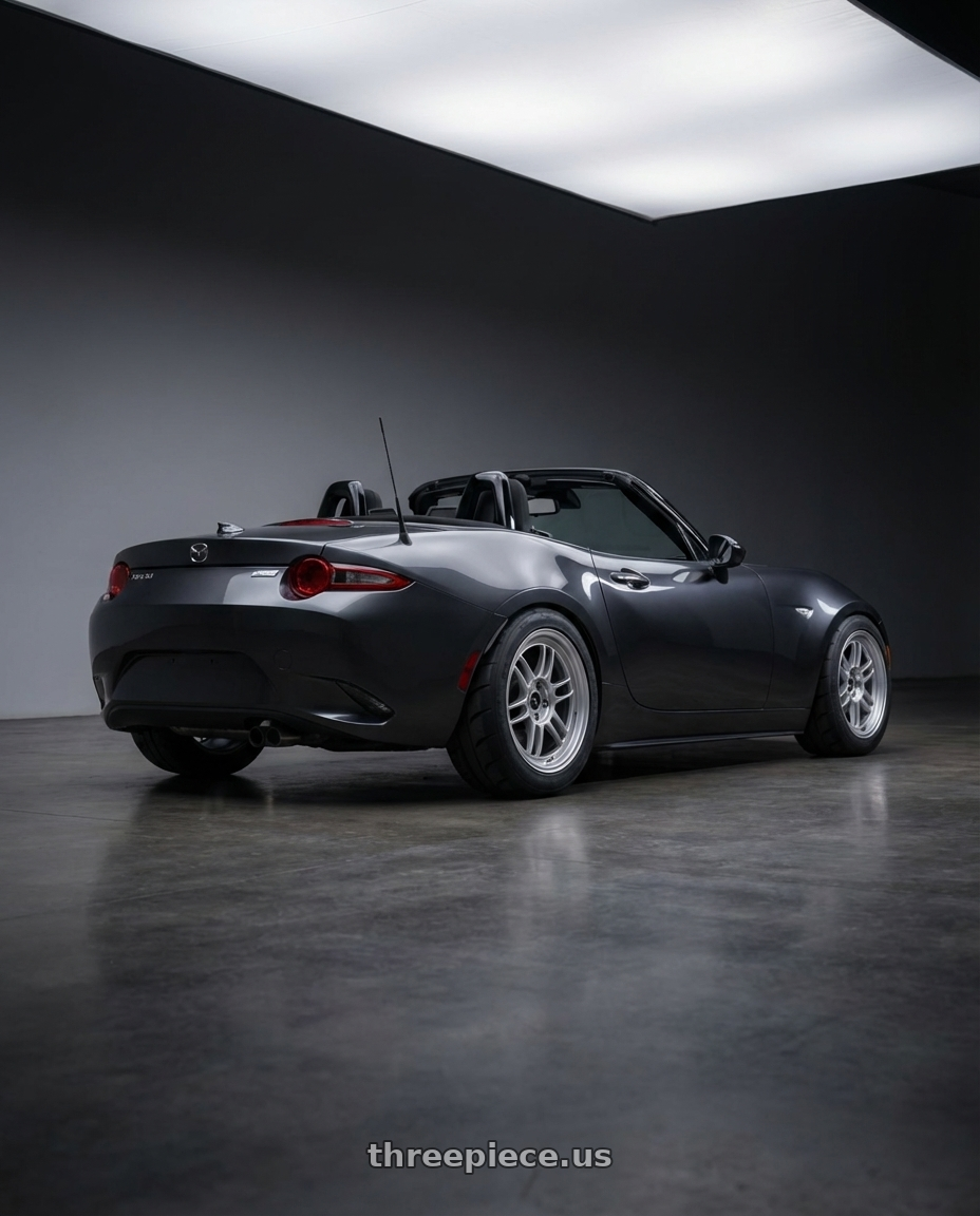 2018 Miata ND with Enkei RPF1 5x112 17x8+45 Silver wheels rear three quarter view meaty tires
