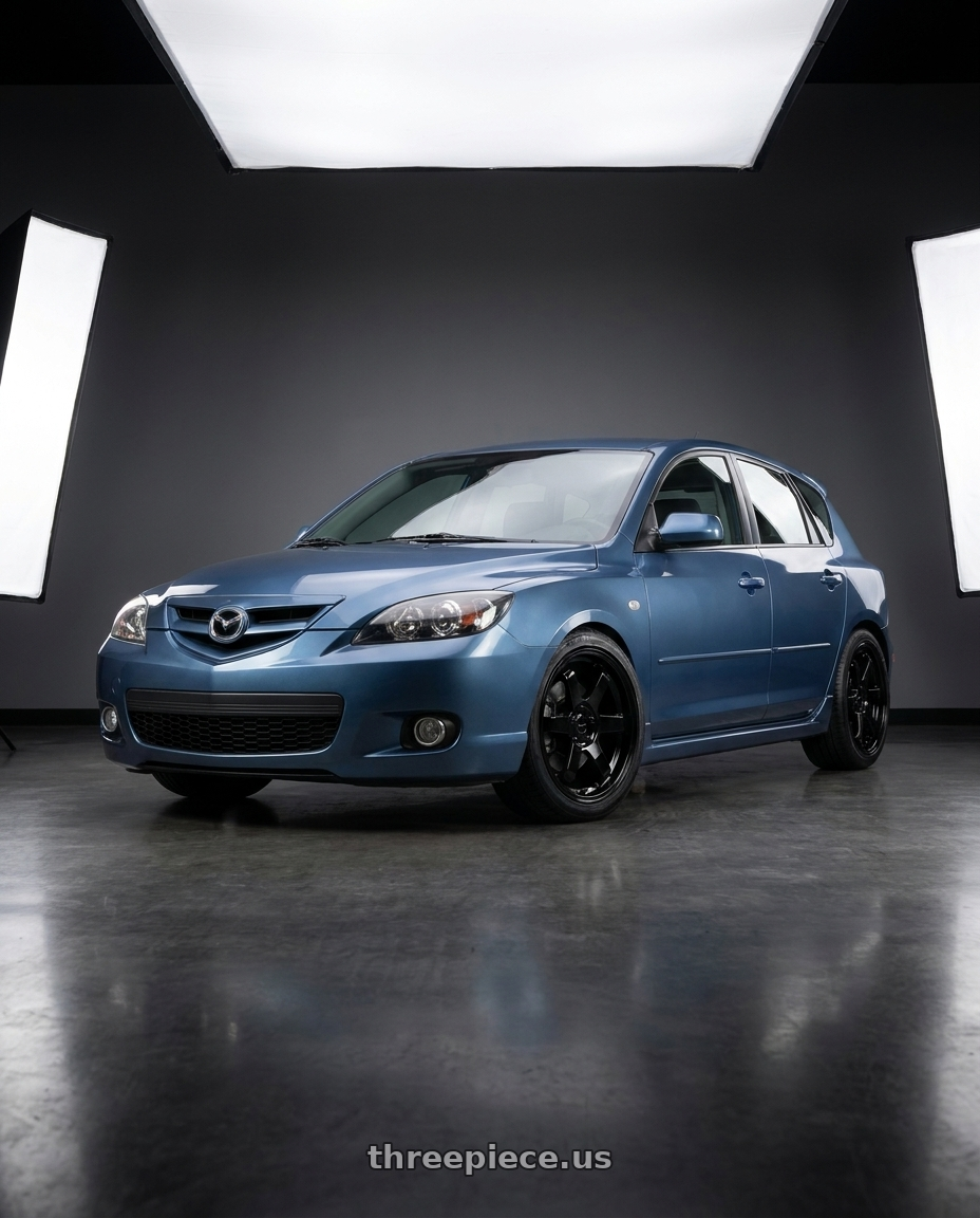 2008 Mazda 3 with KATANA RACING KR08 5x114.3 17x7.5 +40 Glossy Black wheels front three quarter view lowered stance