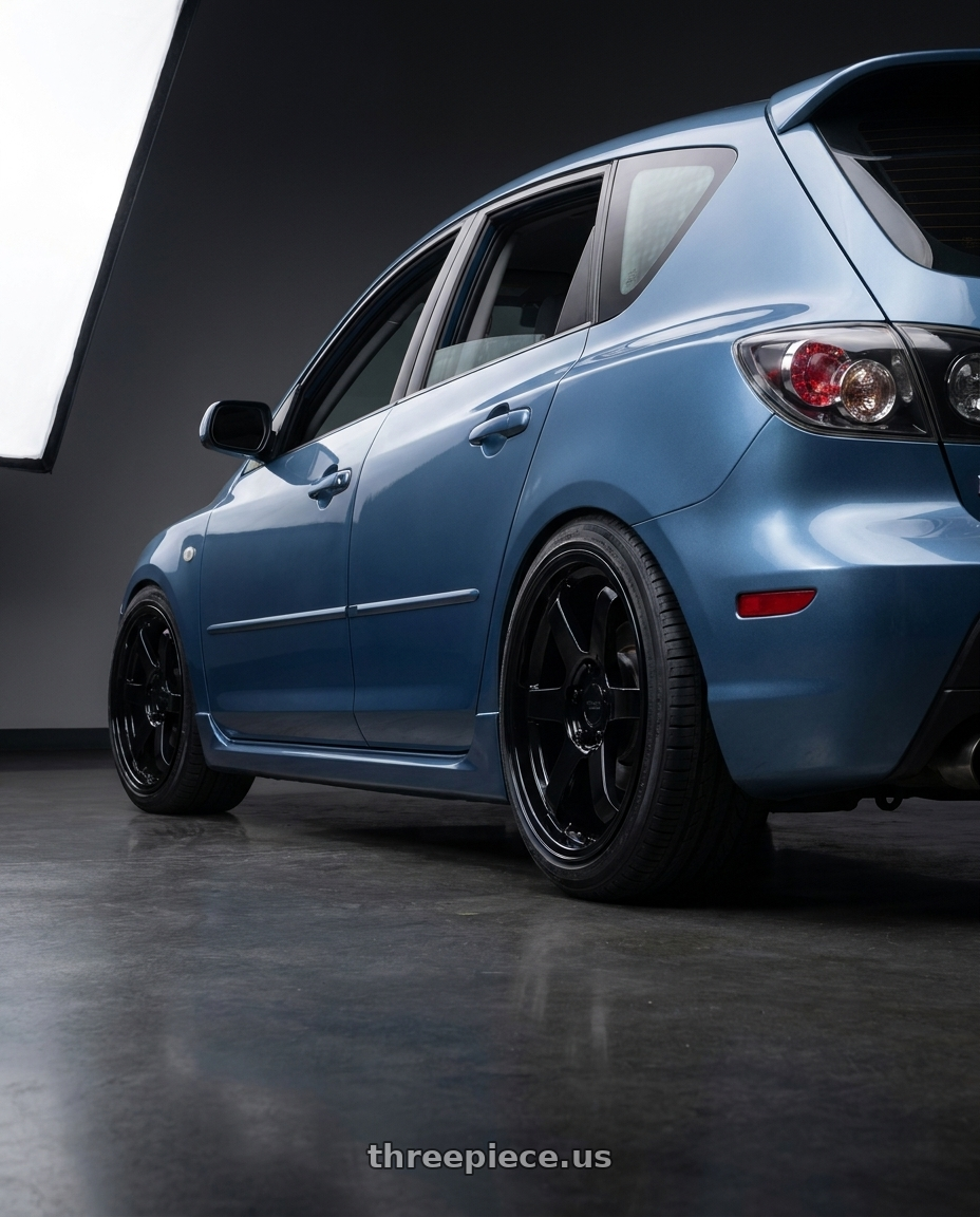 2008 Mazda 3 with KATANA RACING KR08 5x114.3 17x7.5 +40 Glossy Black wheels rear three quarter view square tires
