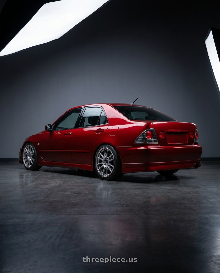 2001 Toyota Altezza with Enkei GTC02 4x100 17x8+42 Hyper Silver wheels rear three quarter view square tires