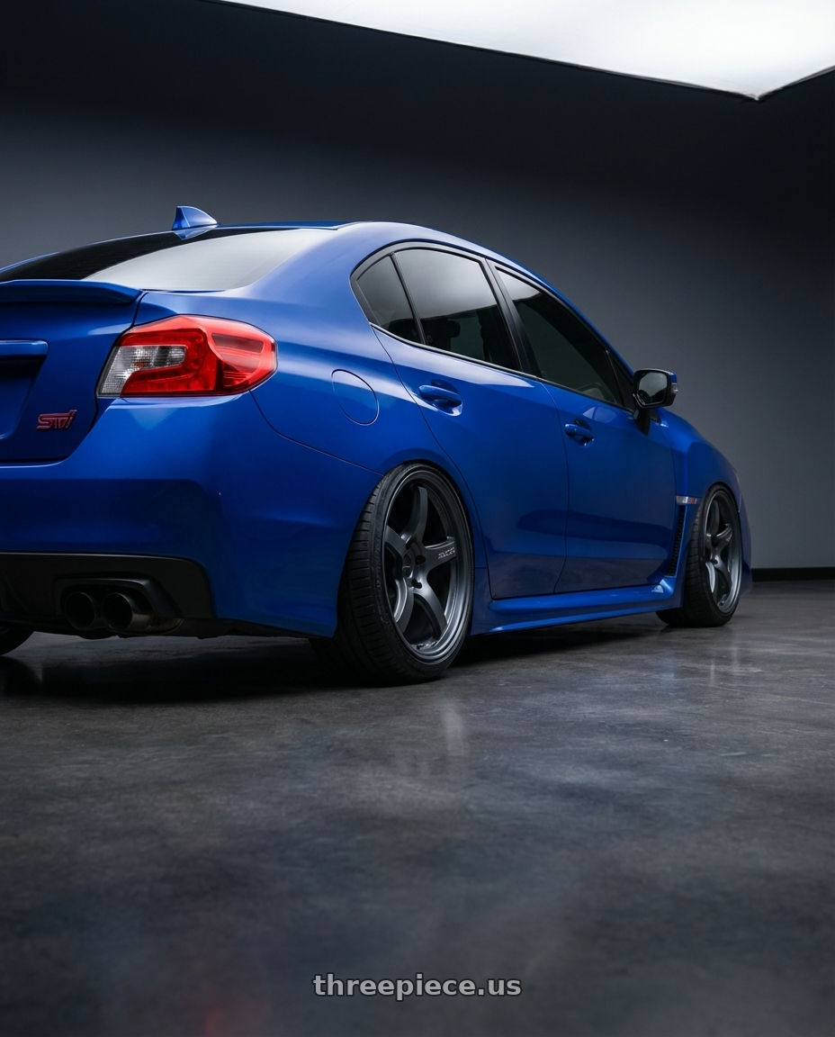 2018 Subaru WRX STI with Gram Lights 57CR 5x114.3 18x10.5+12 Gunblue II wheels rear three quarter view slight stretch tires