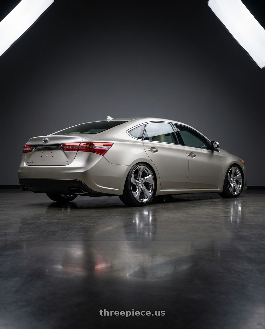 2013 toyota avalon with Shift Strut 5x120 18x8.5 +35 Chrome wheels rear three quarter view slight stretch tires