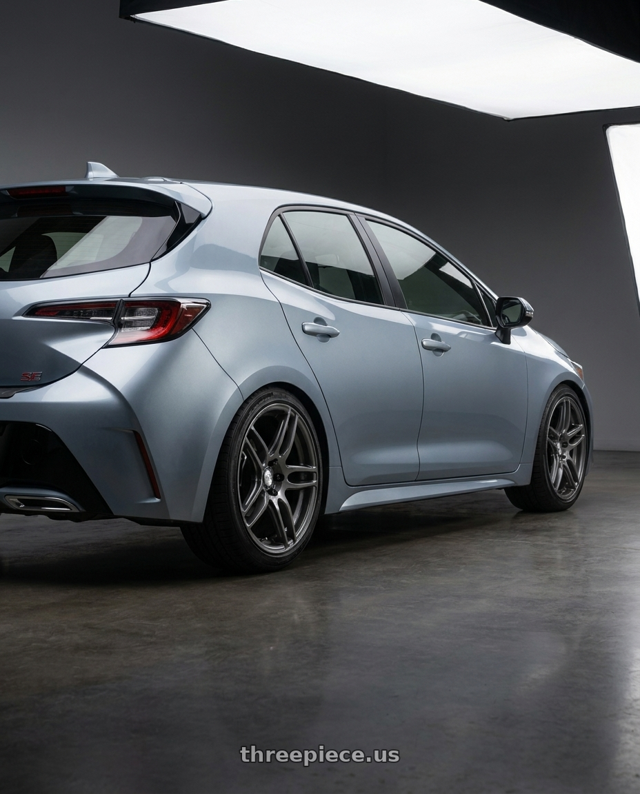 2019 Toyota Corolla Hatchback Se with Niche 1PC M105 NR6 5X100/5X114.3 18X8 +40 MATTE GUN METAL wheels rear three quarter view square tires