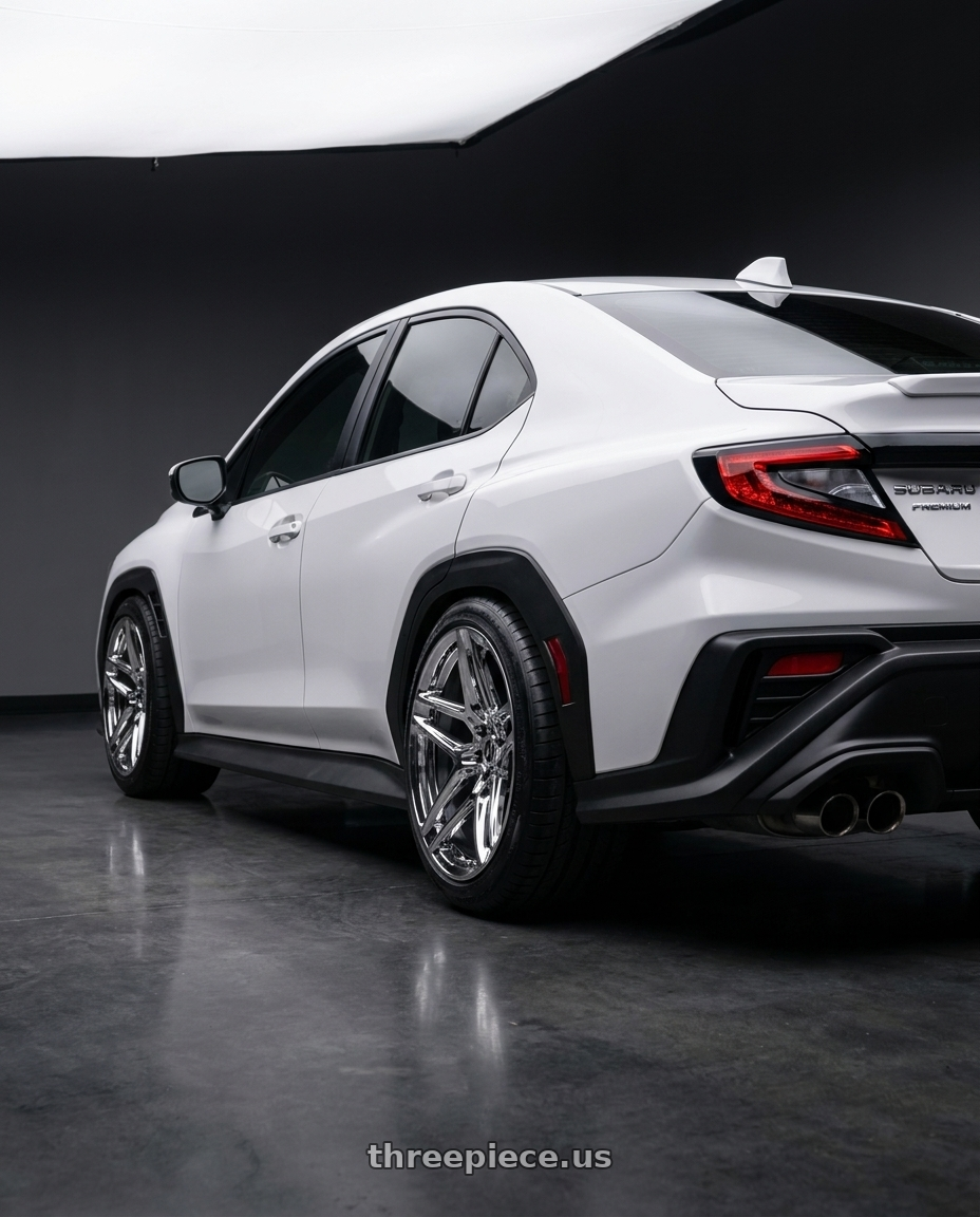 2023 subaru wrx premium with Heritage Wheel EBISU MonoC 5x114.3 18x9.5+38 Chrome wheels rear three quarter view meaty tires