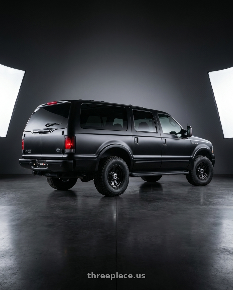 2000 ford, excursion, limited, black with Vision HD 84H 8x170 17x9-12 Gloss Black wheels rear three quarter view square tires