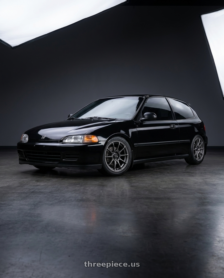 1994 Honda Civic CX with Konig Dial-In 4x100 15x7+35 Matte Grey wheels front three quarter view lowered stance