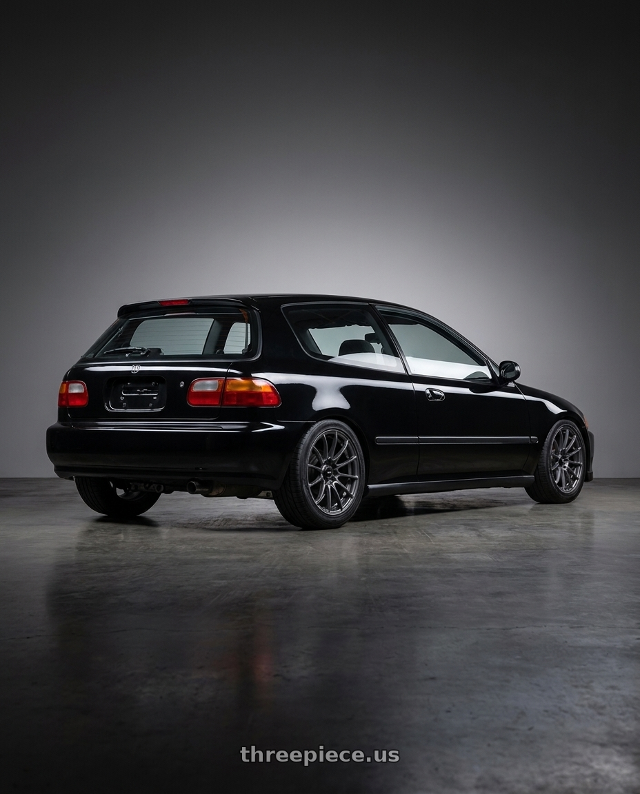 1994 Honda Civic CX with Konig Dial-In 4x100 15x7+35 Matte Grey wheels rear three quarter view square tires