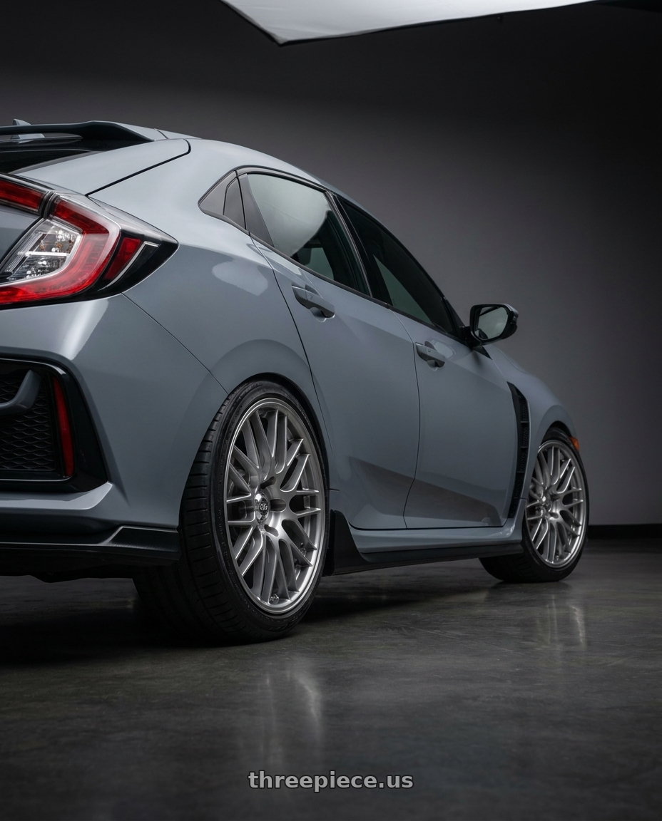2021 Honda Civic Type R with Enkei EKM3 5x120 18x8+32 Hyper Silver wheels rear three quarter view square tires