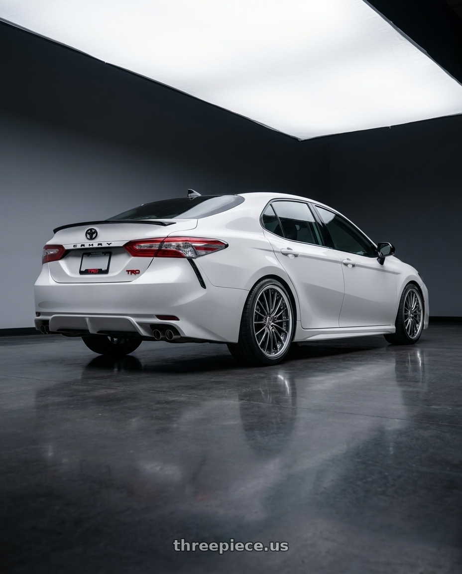2021 Toyota Camry TRD with Work Schwert Regnitz 5x114.3 19x8+38 A Disk Brilliant Silver Black wheels rear three quarter view square tires