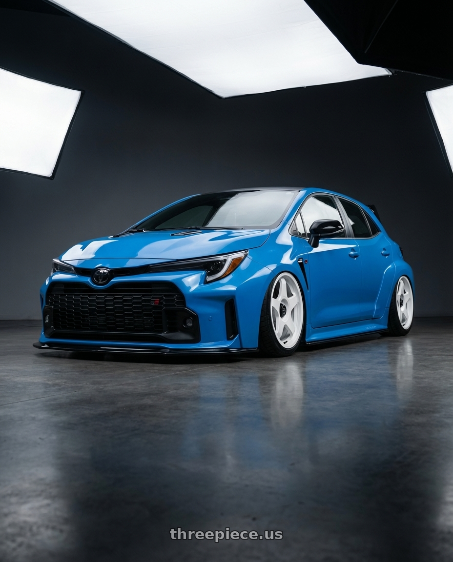 2024 Toyota GR Corolla with fifteen52 CHICANE 5x114.3 / 5x100 18x8.5 +35 RALLY WHITE (GLOSS WHITE) wheels front three quarter view stanced stance