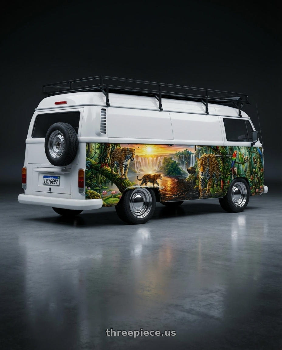 kombi furgão 2010 , adesivada os dos lados, com rack preto no teto e roda step atrás - motorhome with American Racing Vintage VN31 SMOOTHIE 6X139.7 15X8 -13 CHROME STEEL wheels