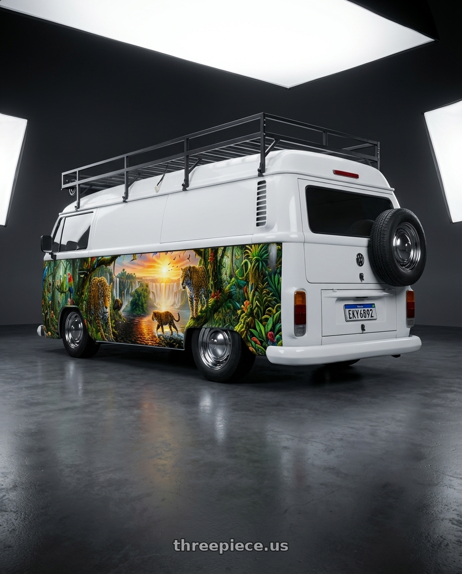 kombi furgão 2010 , adesivada os dos lados, com rack preto no teto e roda step atrás - motorhome with American Racing Vintage VN31 SMOOTHIE 6X139.7 15X8 -13 CHROME STEEL wheels rear three quarter view square tires