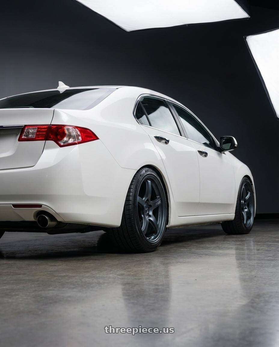 2013 Acura TSX with Gram Lights 57CR 5x114.3 18x8.5+50 Gunblue II wheels rear three quarter view square tires