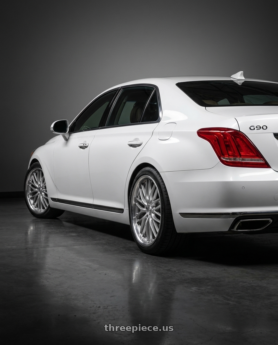 2018 genesis g90 ultimate with MRR GT1 5x114.3 20x8.5  +35 Hyper Silver Machine Lip wheels rear three quarter view square tires